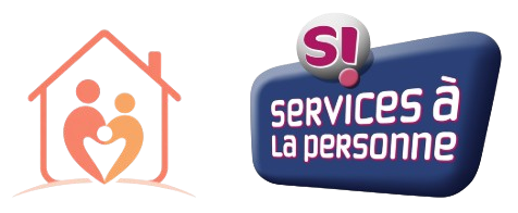 Illustration 3D : maison avec silhouettes d'une famille et logo Services à la personne - aide à domicile et garde d'enfants