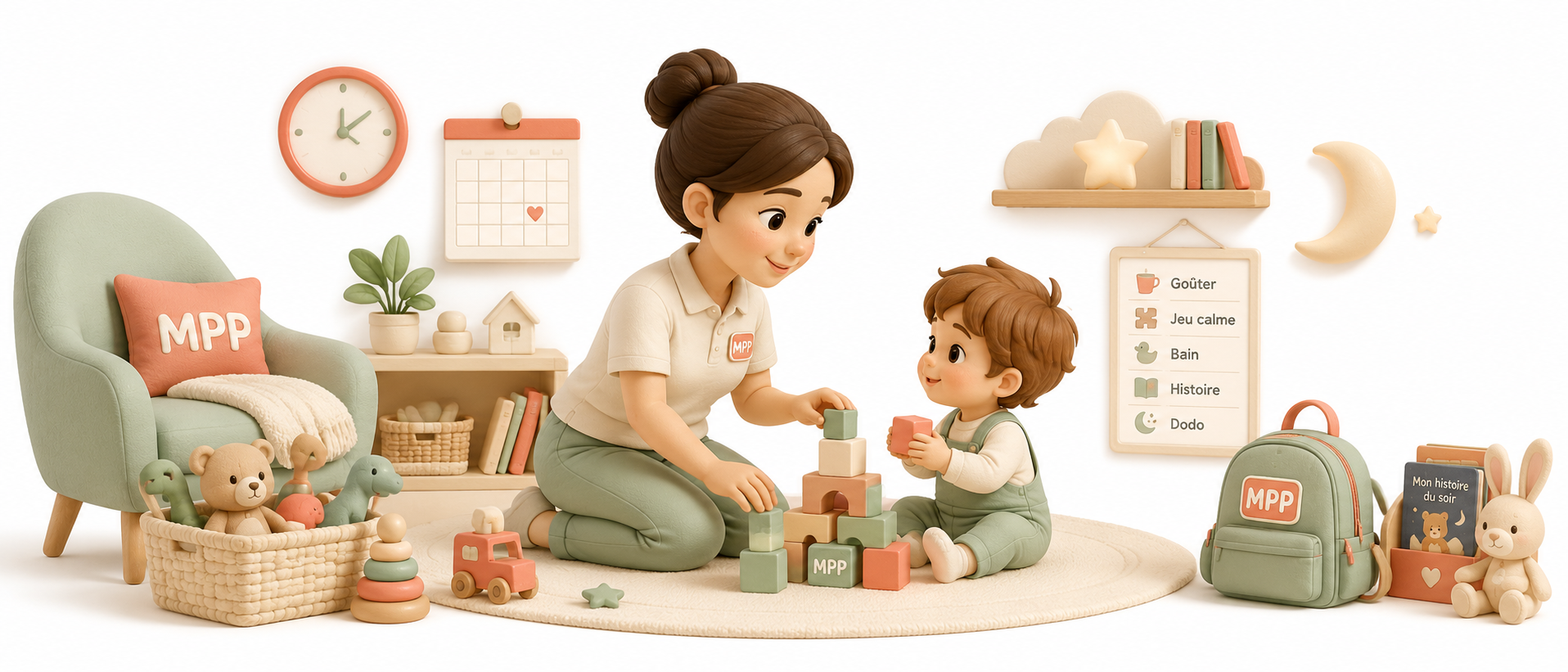 Illustration 3D : femme et enfant jouant avec des blocs de construction colorés dans un intérieur apaisant, symbolisant l'accompagnement et la garde d'enfants de Mon Petit Personnel.