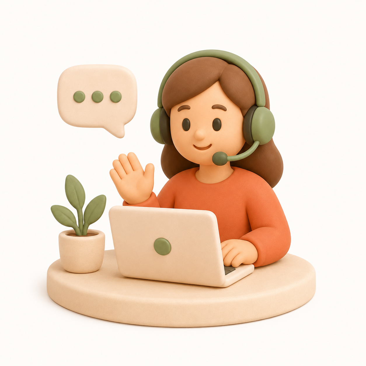 Illustration 3D d'une femme en appel vidéo avec casque, à son bureau avec plante, représentant le service client Mon Petit Personnel.