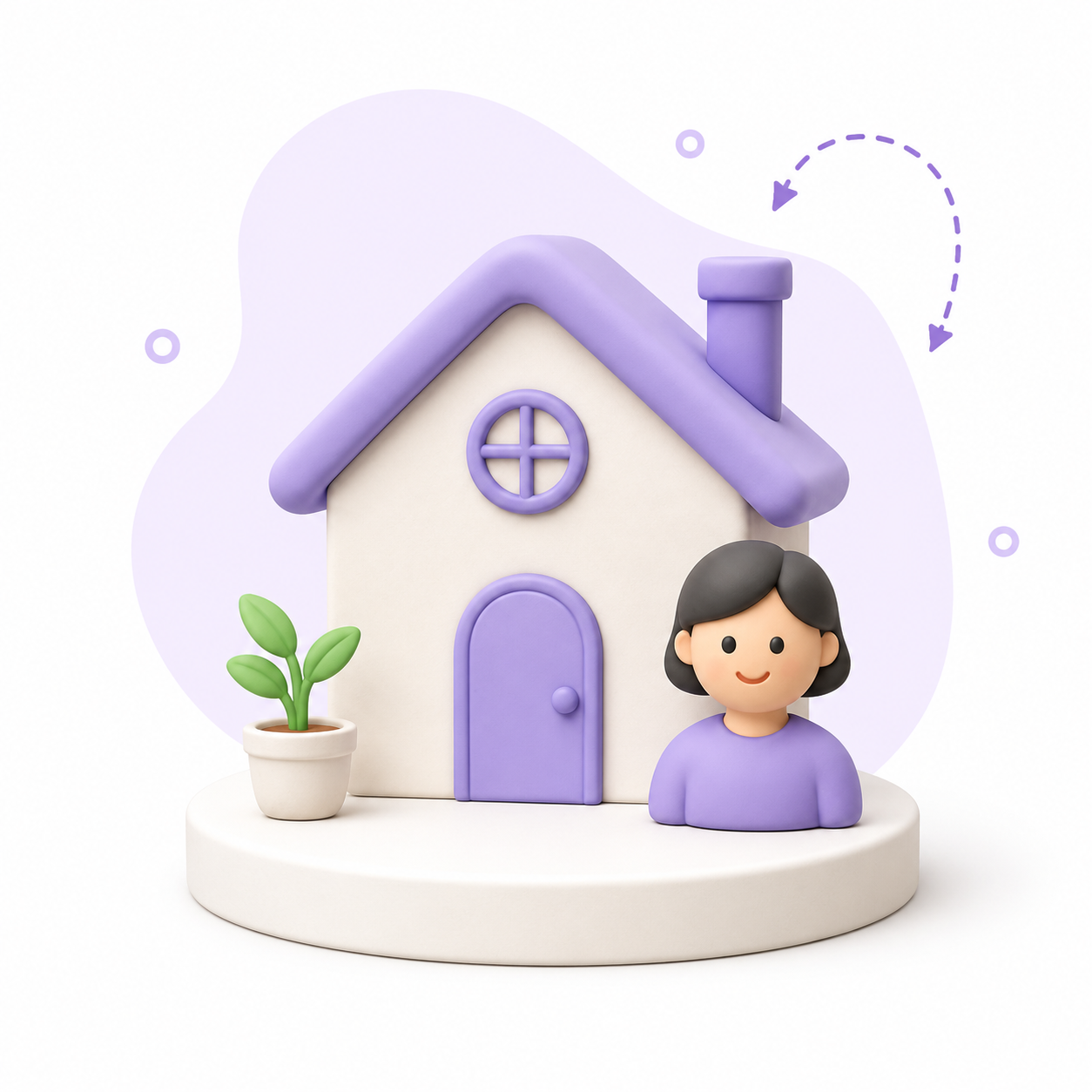 Illustration 3D : femme souriante devant une maison violette avec plante, symbolisant les services d'aide à domicile de Mon Petit Personnel.