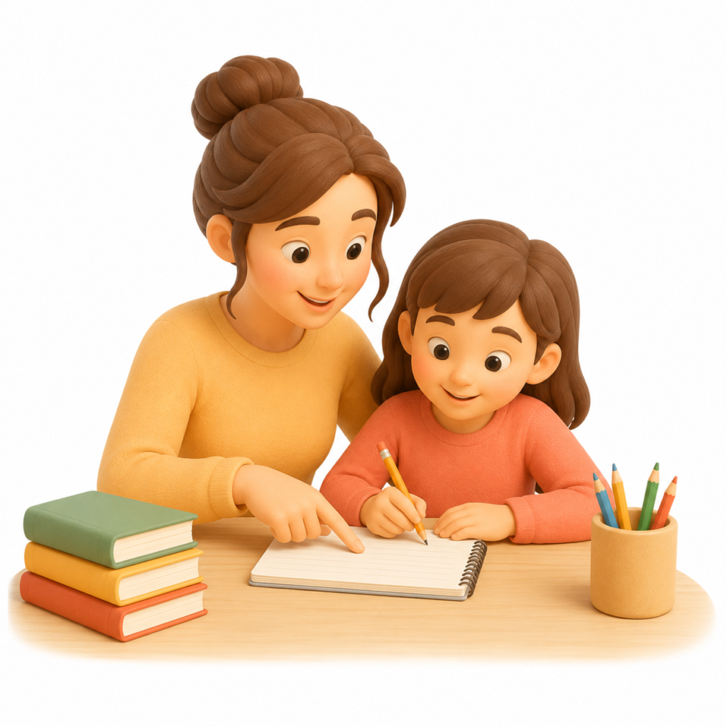 Illustration 3D : une femme aide une enfant à faire ses devoirs à table avec livres et crayons de couleur