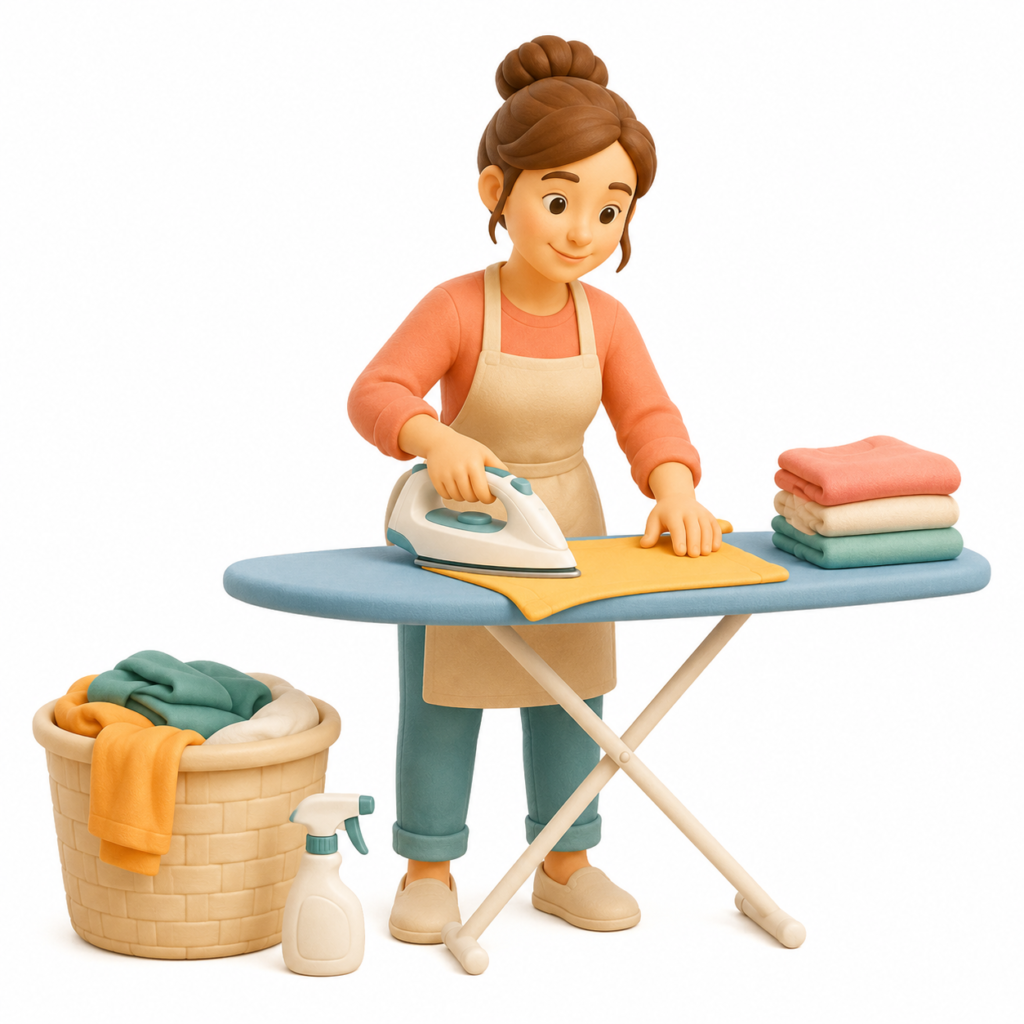 Illustration 3D d'une femme repassant du linge coloré à domicile, représentant les services de ménage et entretien de Mon Petit Personnel.
