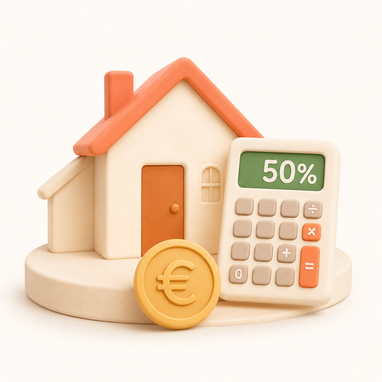Illustration 3D : maison avec toit orange, calculatrice affichant 50% et pièce euro, symbolisant les économies et aides financières pour services à domicile.