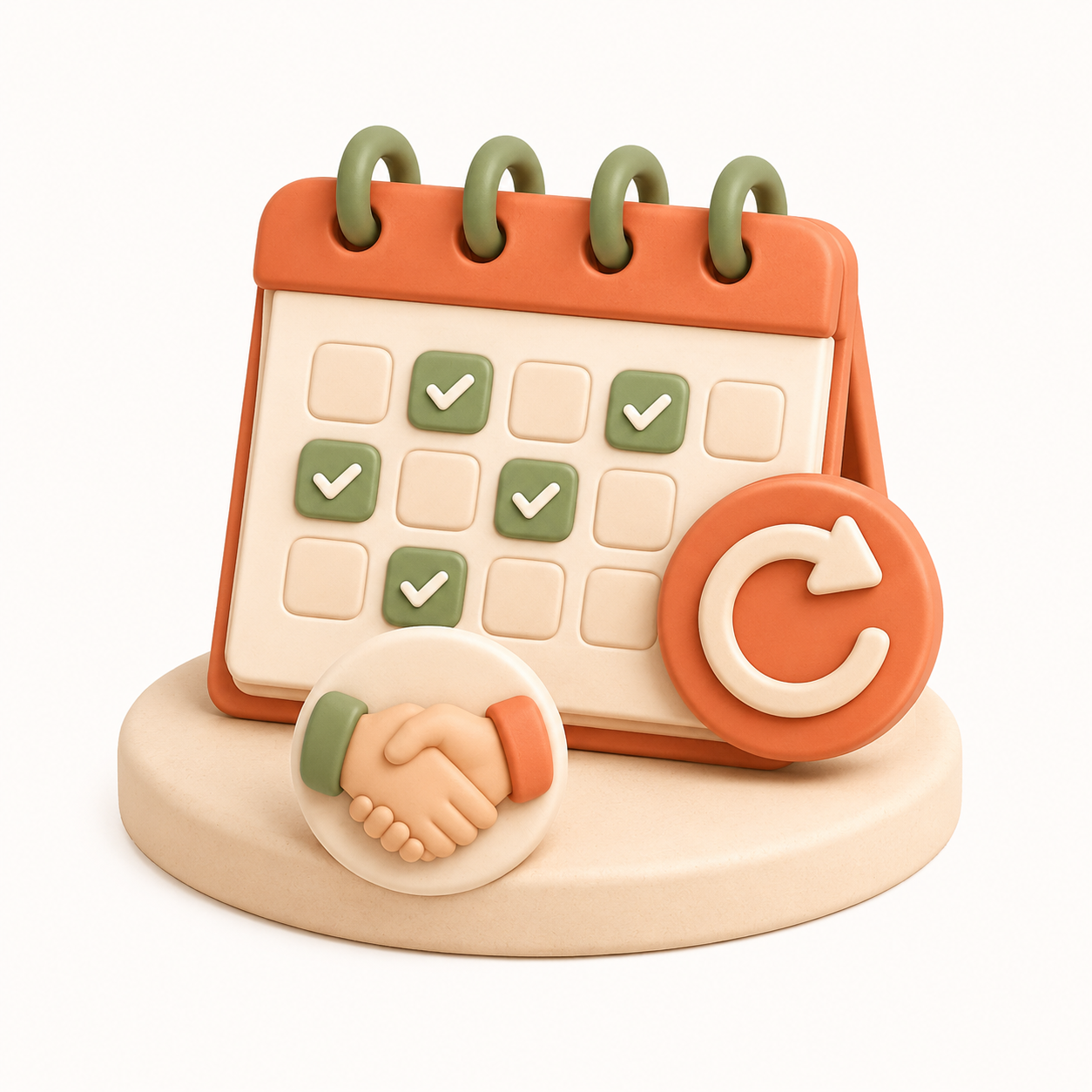 Illustration 3D : calendrier orange avec cases cochées, poignée de main et symbole de synchronisation, représentant la planification et coordination des services à domicile.