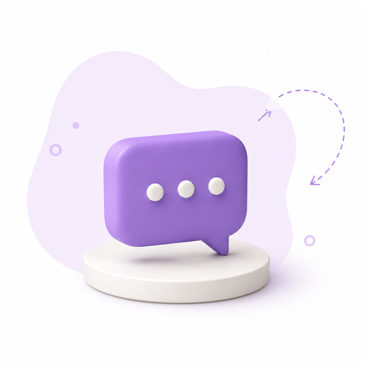 Illustration 3D d'une bulle de discussion violette avec trois points, symbolisant la communication et le service client de Mon Petit Personnel.