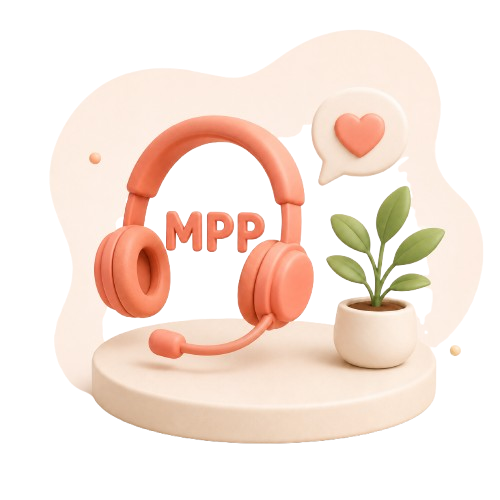 Illustration 3D d'un casque audio rouge avec MPP écrit au centre, entouré d'une plante et d'éléments décoratifs symbolisant le service client et le bien-être à domicile.