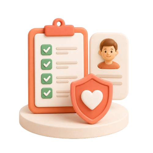 Illustration 3D : liste de contrôle complétée avec profil personnel et bouclier cœur symbolisant la confiance et la sécurité des services à domicile.