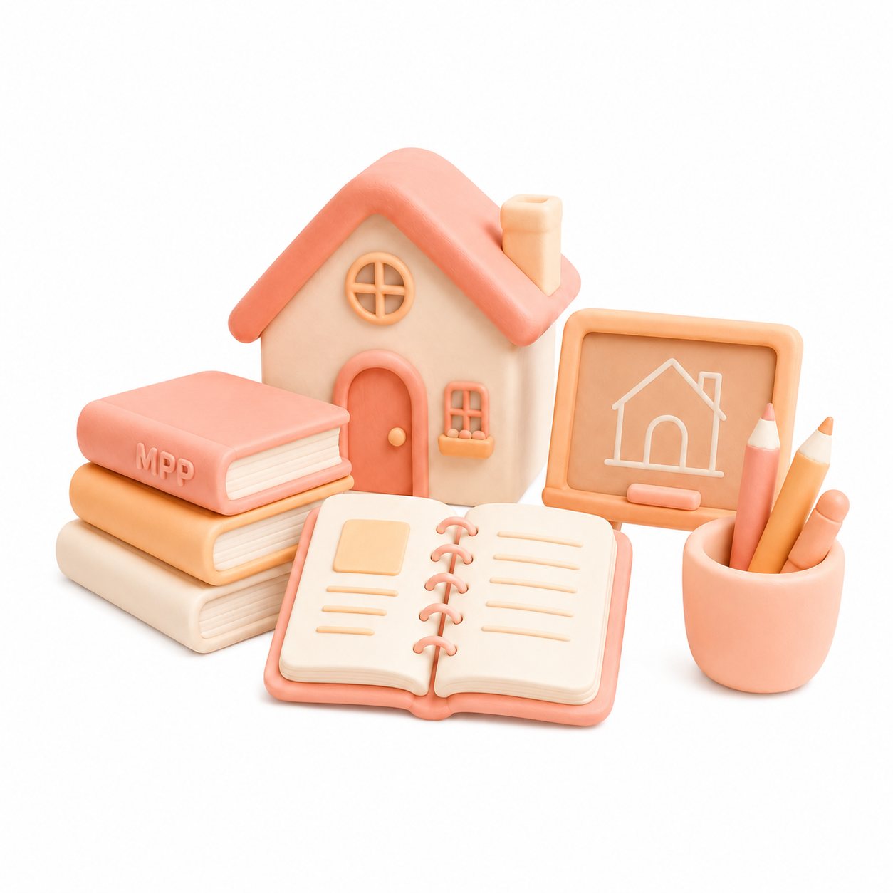 Illustration 3D représentant une maison rose, des livres, un carnet spiralé et des fournitures, symbolisant l'organisation des services à domicile.