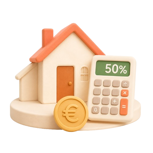 Illustration 3D : maison avec calculatrice affichant 50% et pièce euro, symbolisant l'économie réalisée avec nos services à domicile.