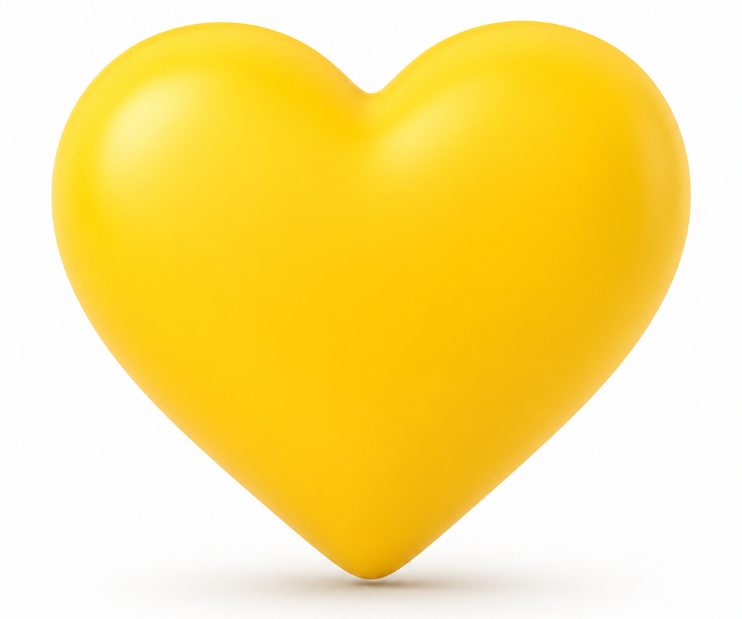 Illustration 3D d'un cœur jaune brillant symbolisant l'engagement et la bienveillance de Mon Petit Personnel dans ses services à domicile.