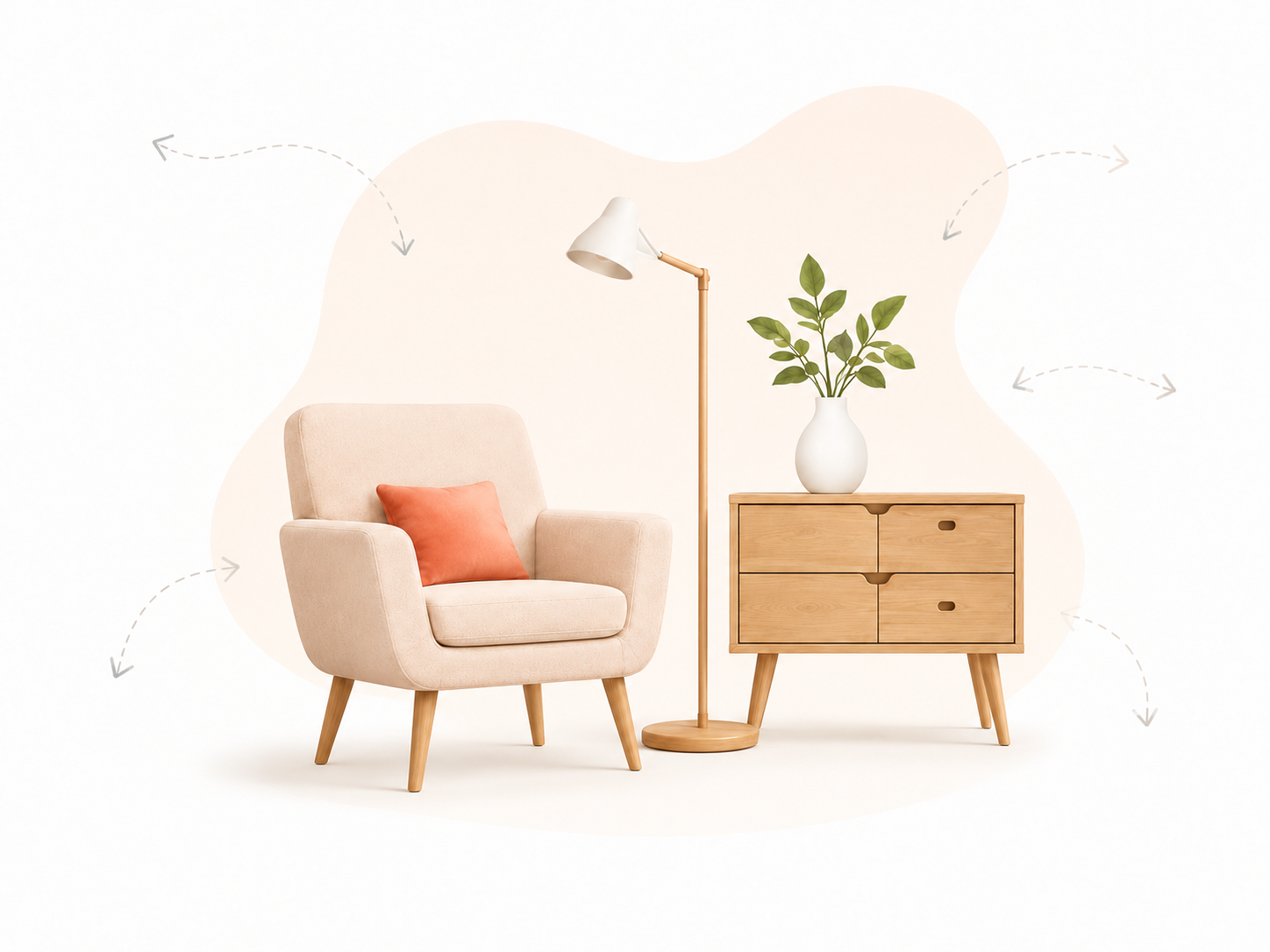 Illustration 3D d'un intérieur moderne avec fauteuil beige, lampadaire, commode en bois et plante verte, symbolisant un espace de vie soigné et organisé.