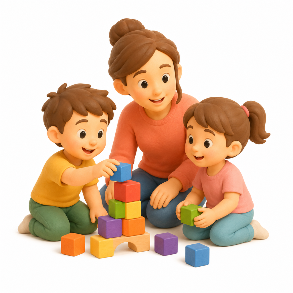 Illustration 3D : une femme souriante joue avec deux enfants autour de cubes colorés, symbolisant la garde d'enfants et les services de garde.