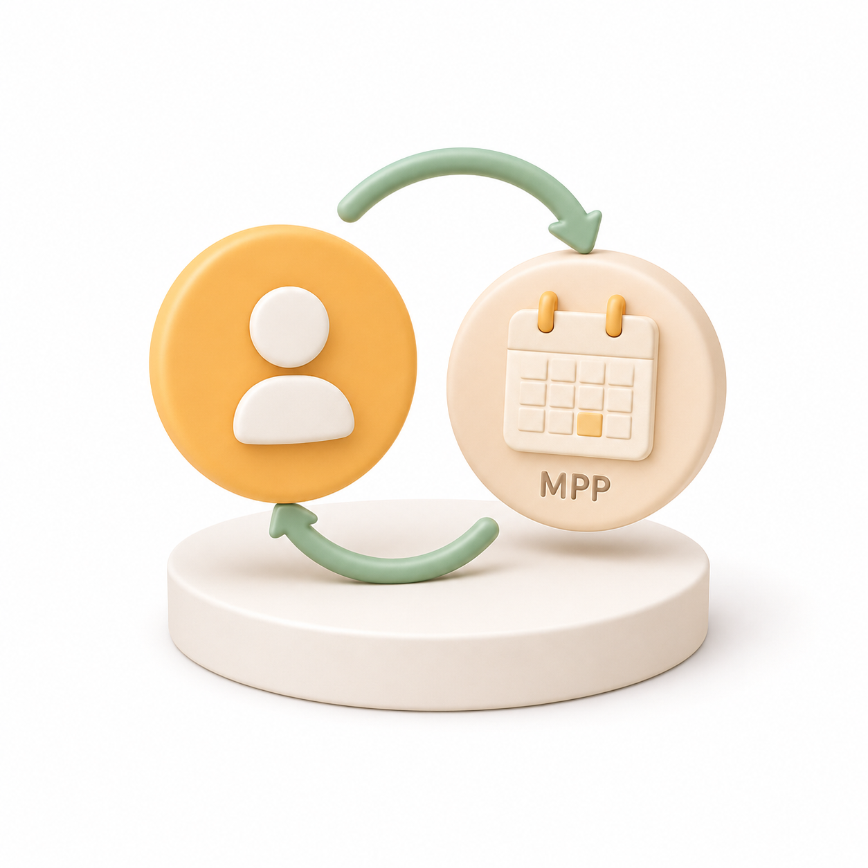 Illustration 3D : symbole utilisateur et calendrier MPP reliés par des flèches, représentant la gestion des services à la personne.