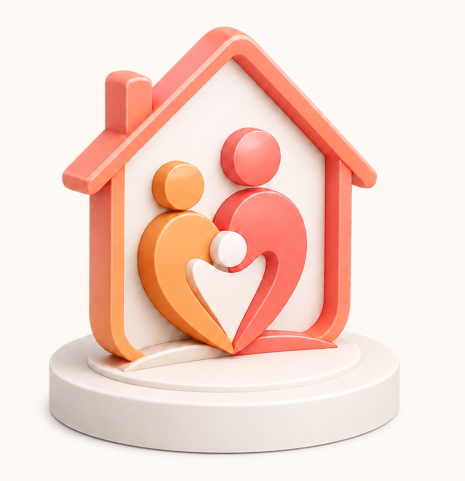 Illustration 3D : maison rouge avec famille stylisée en formes orange et rose, symbolisant les services d'aide à domicile et garde d'enfants de Mon Petit Personnel.