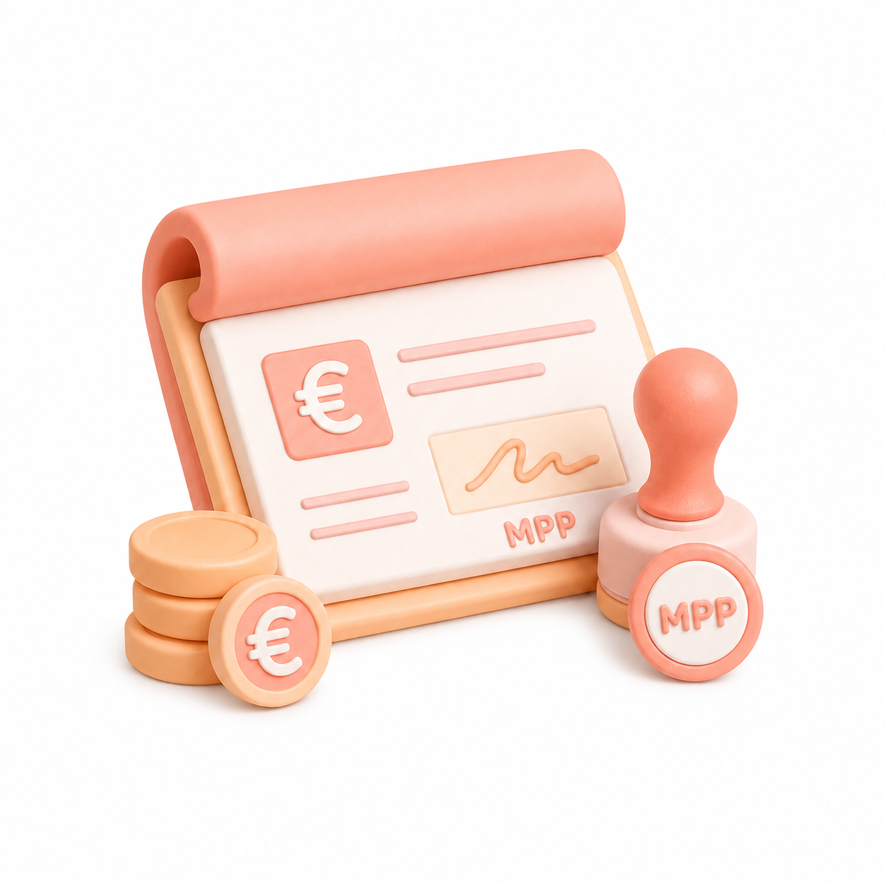 Illustration 3D montrant un devis de services à domicile avec symbole euro, tampons MPP et pièces de monnaie, représentant les tarifs transparents de Mon Petit Personnel.