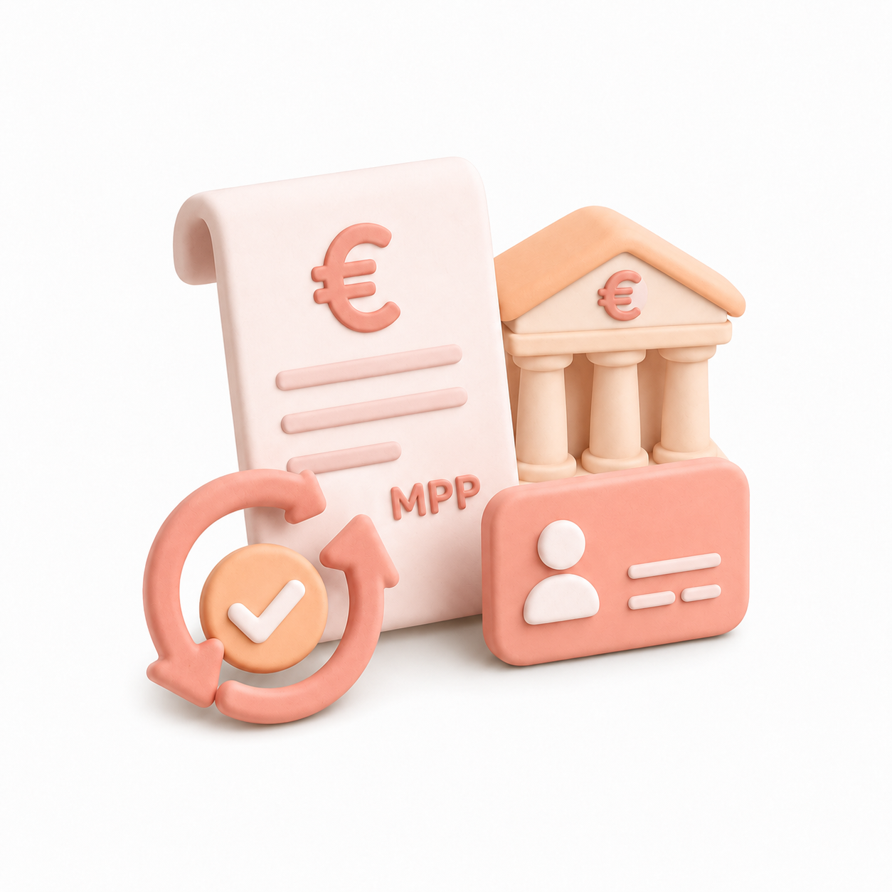 Illustration 3D : document avec symbole euro, bâtiment bancaire, profil utilisateur et cycle de validation pour services à la personne Mon Petit Personnel.