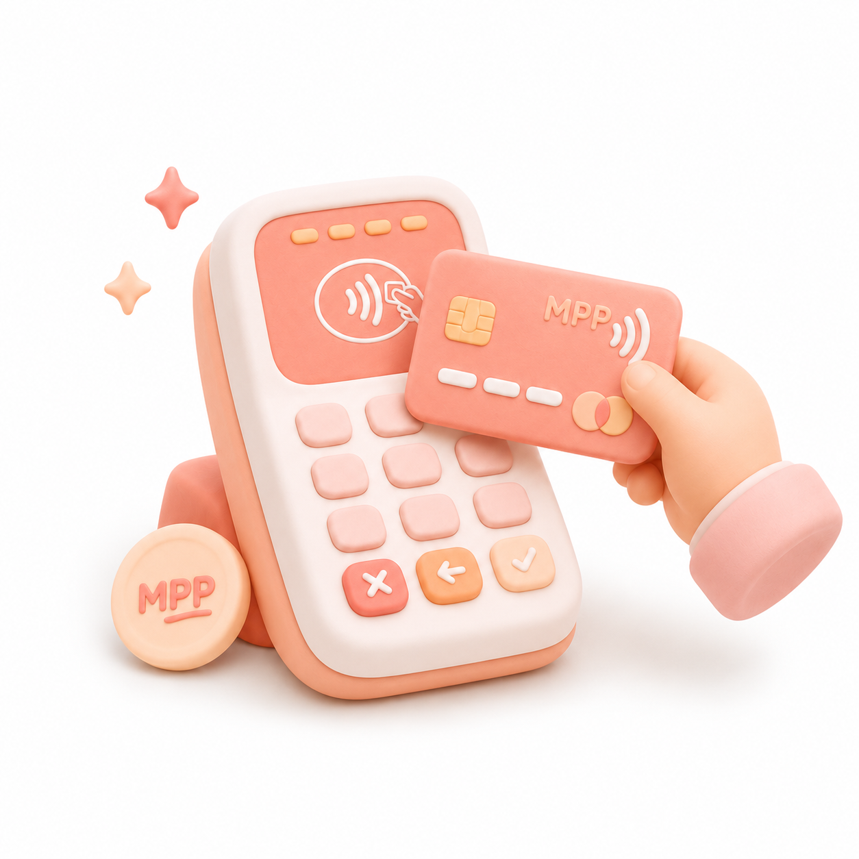 Illustration 3D d'un terminal de paiement et une carte bancaire contactless MPP, symbole des services numériques de Mon Petit Personnel