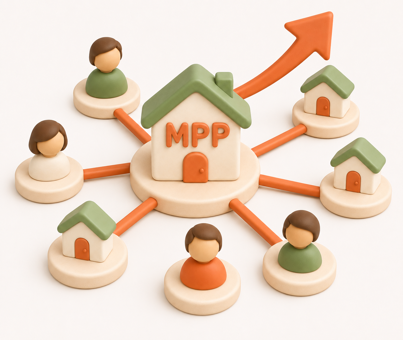 Illustration 3D : maison centrale MPP connectée à des utilisateurs et petites maisons, avec flèche croissante symbolisant la croissance du réseau de services à domicile.