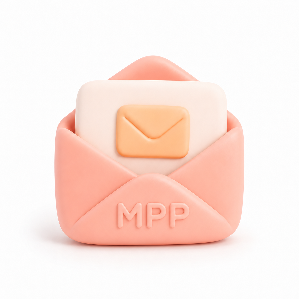Illustration 3D d'une enveloppe rose ouverte avec lettre et icône envelope orange, représentant la communication et les services de Mon Petit Personnel
