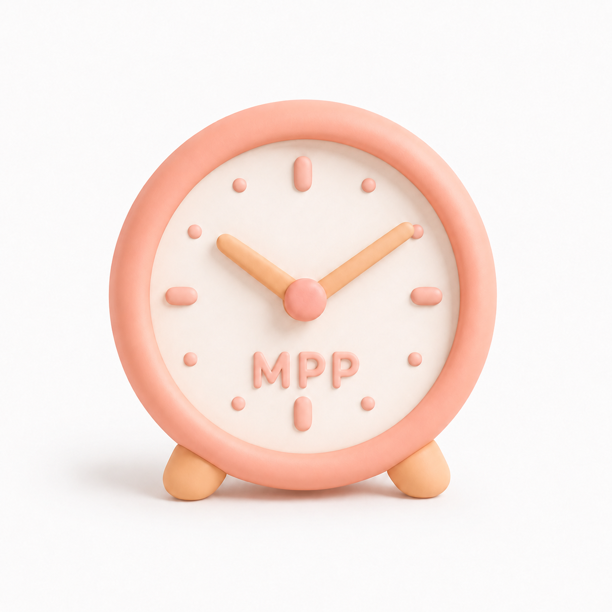 Illustration 3D d'un réveil rose et beige aux aiguilles dorées, symbolisant la ponctualité et la fiabilité des services à domicile Mon Petit Personnel.