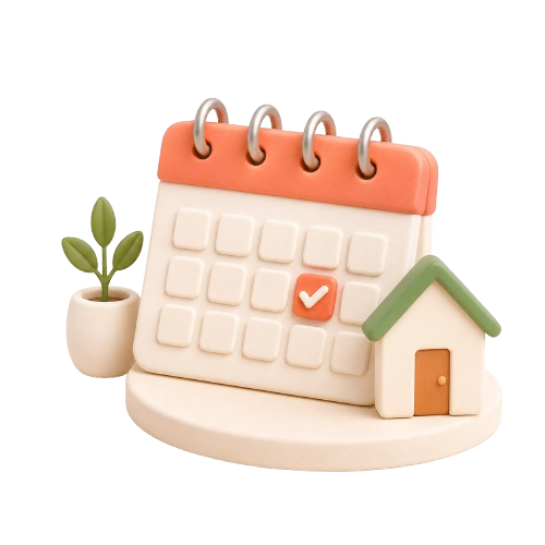 Illustration 3D d'un calendrier avec checkmark, une maison et une plante, représentant l'organisation des services à domicile de Mon Petit Personnel.
