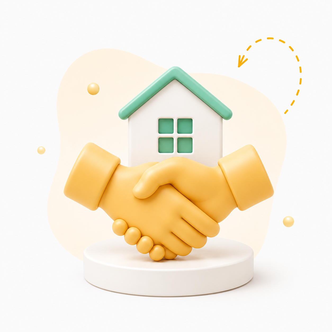 Illustration 3D : deux mains qui se serrent devant une maison verte, symbolisant la confiance et le partenariat pour les services à domicile.