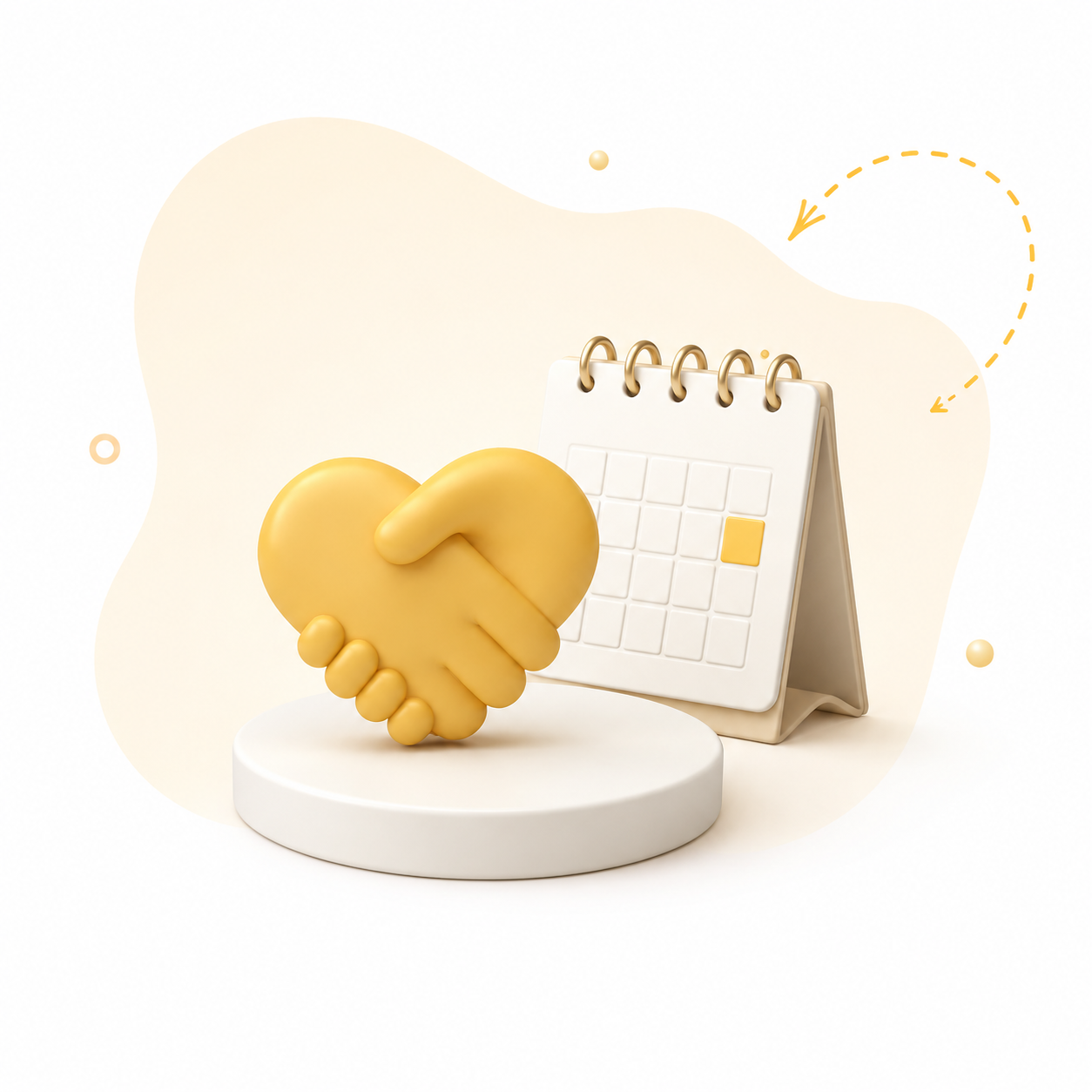 Illustration 3D : poignée de main en cœur devant un calendrier, symbolisant l'engagement et la planification des services à la personne.