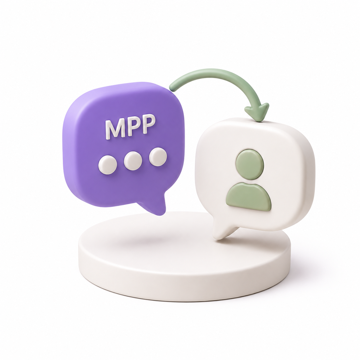 Illustration 3D : bulle de dialogue violette avec MPP et trois points, flèche vers icône utilisateur blanc. Communication et services personnalisés.