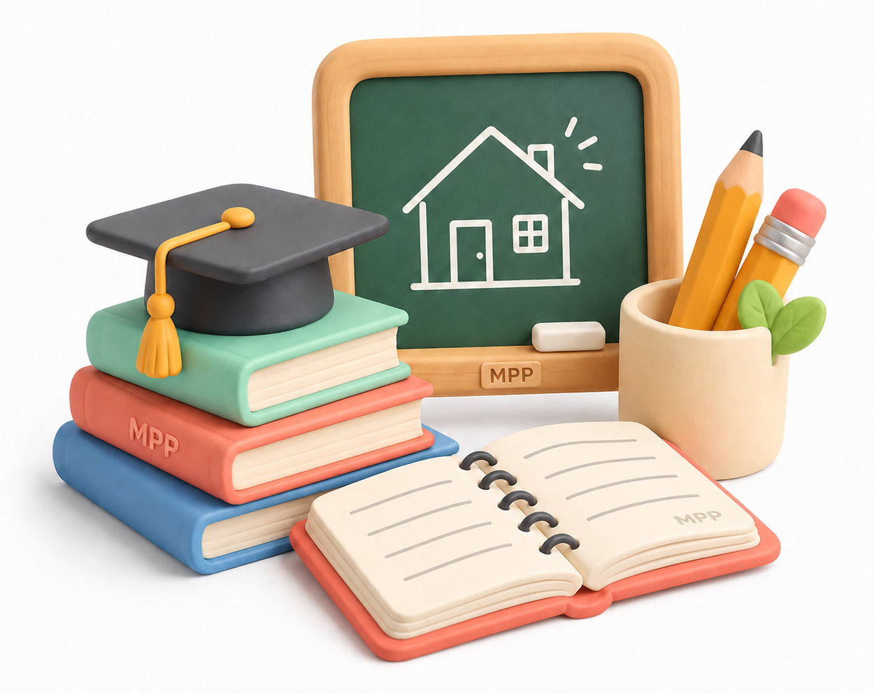 Illustration 3D d'outils éducatifs : tableau avec maison, livres, graduation, cahier et fournitures scolaires pour Mon Petit Personnel