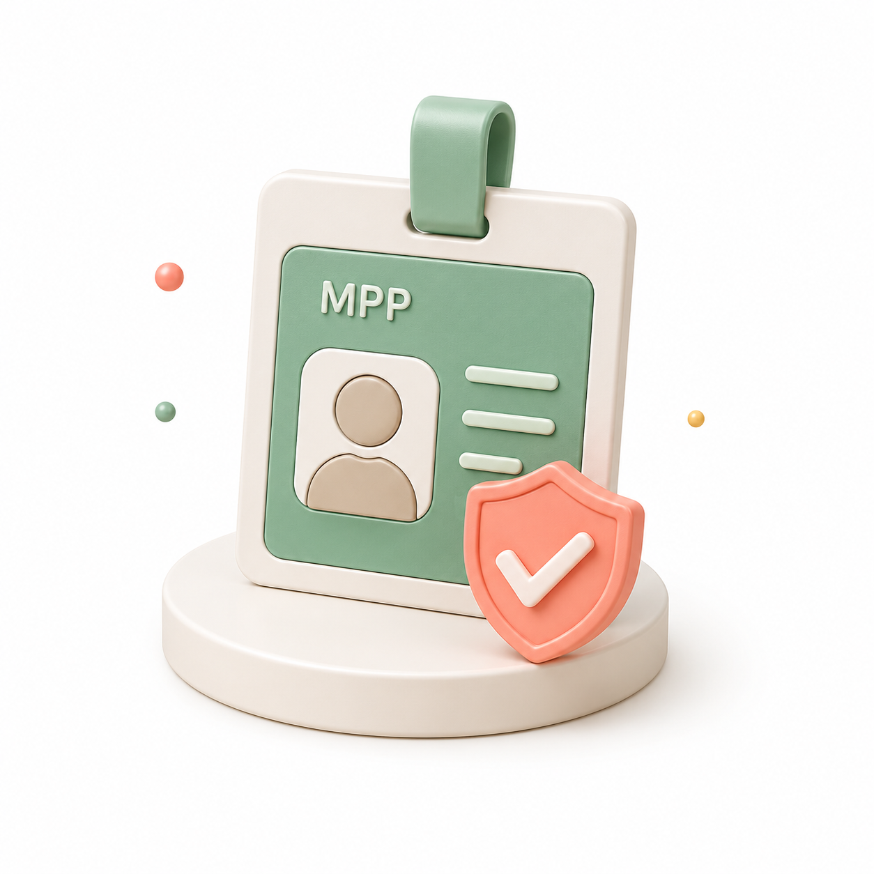 Illustration 3D : badge professionnel MPP avec photo d'identité et bouclier de sécurité validé, symbolisant nos services de confiance.