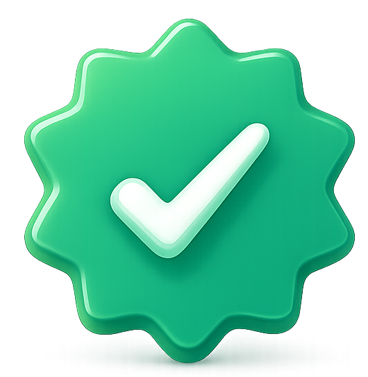 Illustration 3D : badge étoilé vert avec coche blanche, symbolisant la qualité et la fiabilité des services Mon Petit Personnel.