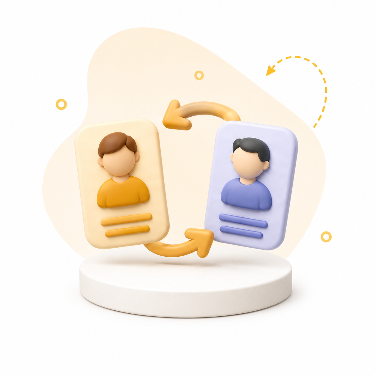 Illustration 3D : deux profils utilisateur échangeant des flèches, symbolisant la mise en relation entre clients et prestataires de services à la personne.