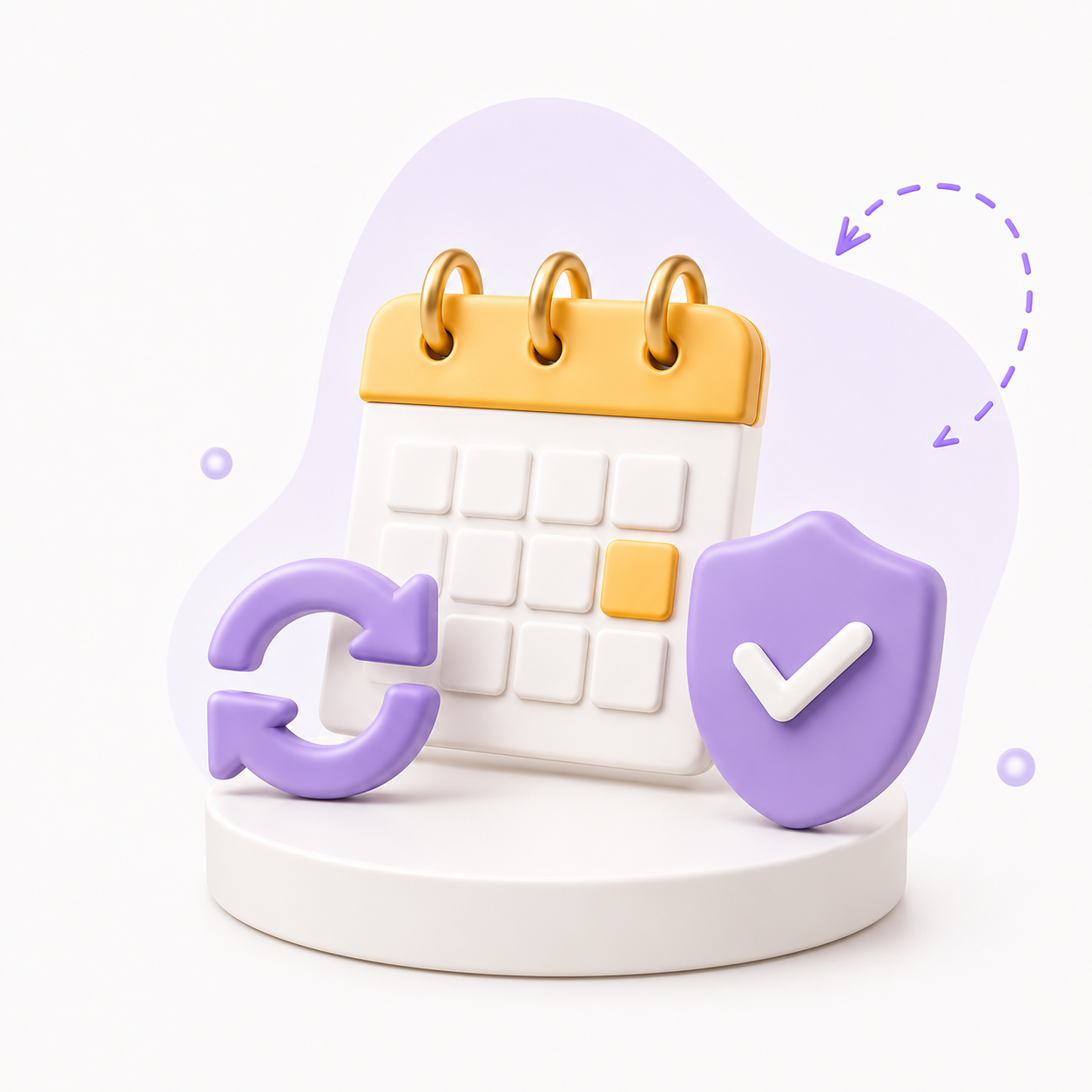 Illustration 3D : calendrier blanc avec anneau doré, bouclier violet avec checkmark, et flèches de synchronisation symbolisant l'organisation des services à domicile.