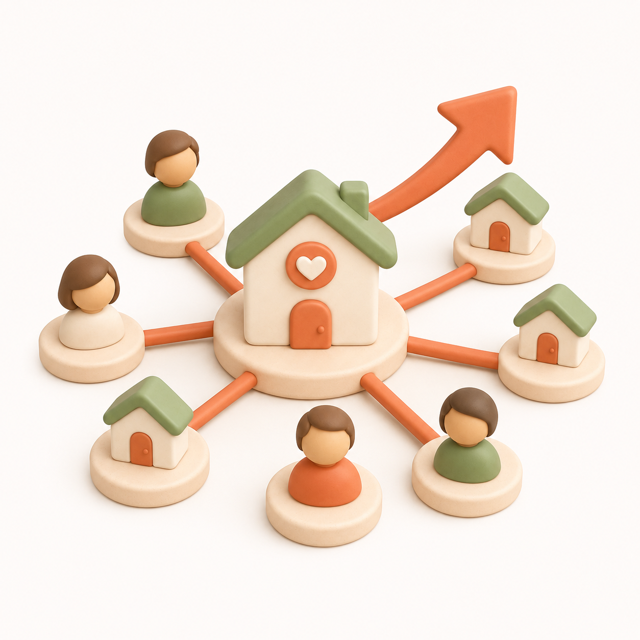 Illustration 3D : maison centrale avec cœur reliée à plusieurs personnes et petites maisons, flèche ascendante symbolisant la croissance des services à domicile.