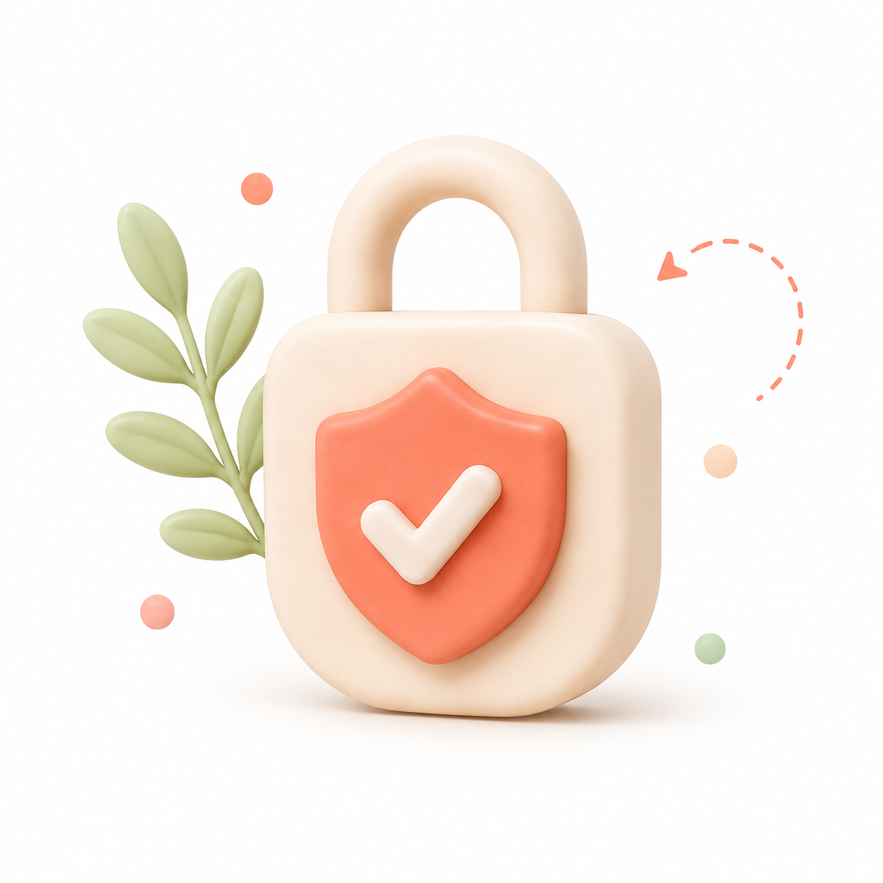 Illustration 3D d'un cadenas beige avec un bouclier rouge coché, symbolisant la sécurité et la confiance des services à domicile.