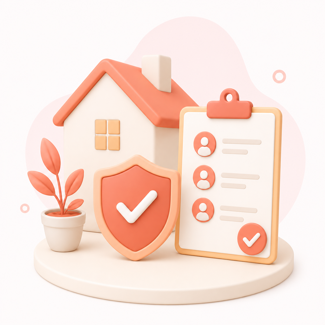 Illustration 3D : maison protégée par un bouclier, clipoard avec checklist et utilisateurs, symbolisant la sécurité et la gestion des services à domicile.