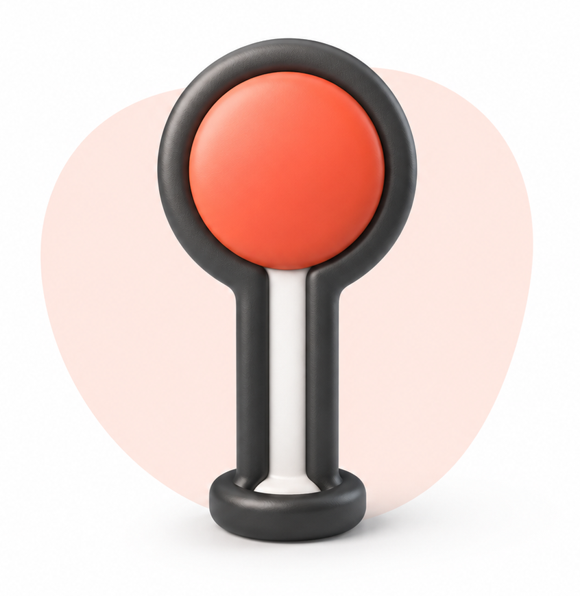 Illustration 3D d'une loupe avec poignée noire et verre rouge, symbolisant la recherche et la sélection de services à la personne de qualité.