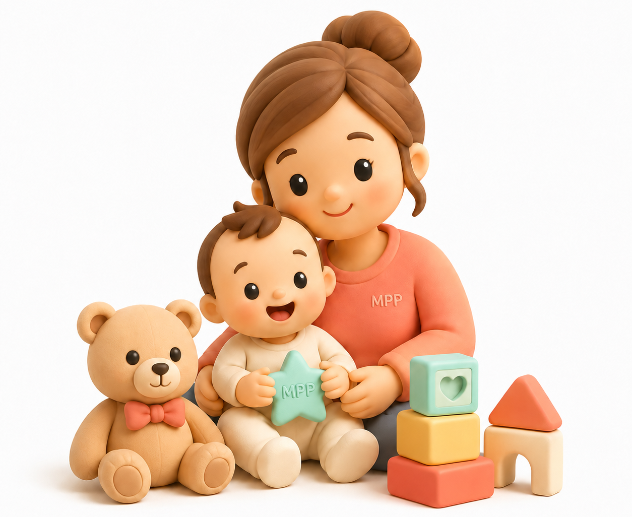 Illustration 3D : femme souriante avec enfant et peluche, jouets colorés. Services garde d'enfants Mon Petit Personnel.