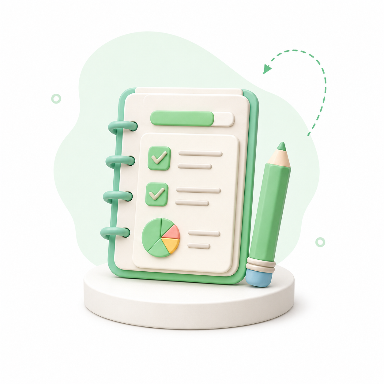 Illustration 3D d'un carnet de tâches spiralé avec cases à cocher, graphique et crayon vert symbolisant l'organisation des services personnalisés.
