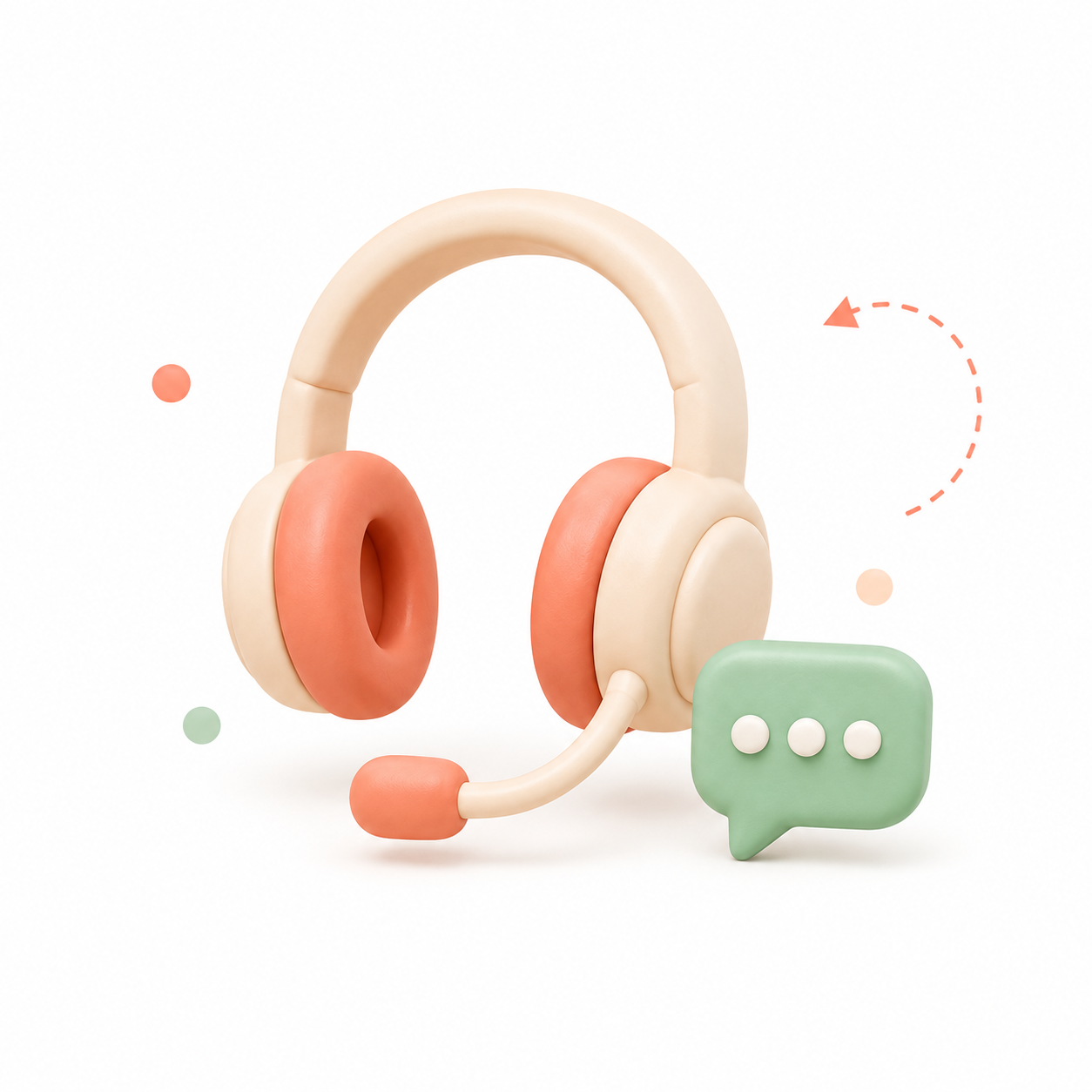 Illustration 3D : casque audio avec microphone et bulle de chat verte, symbolisant le support client et la communication de Mon Petit Personnel.