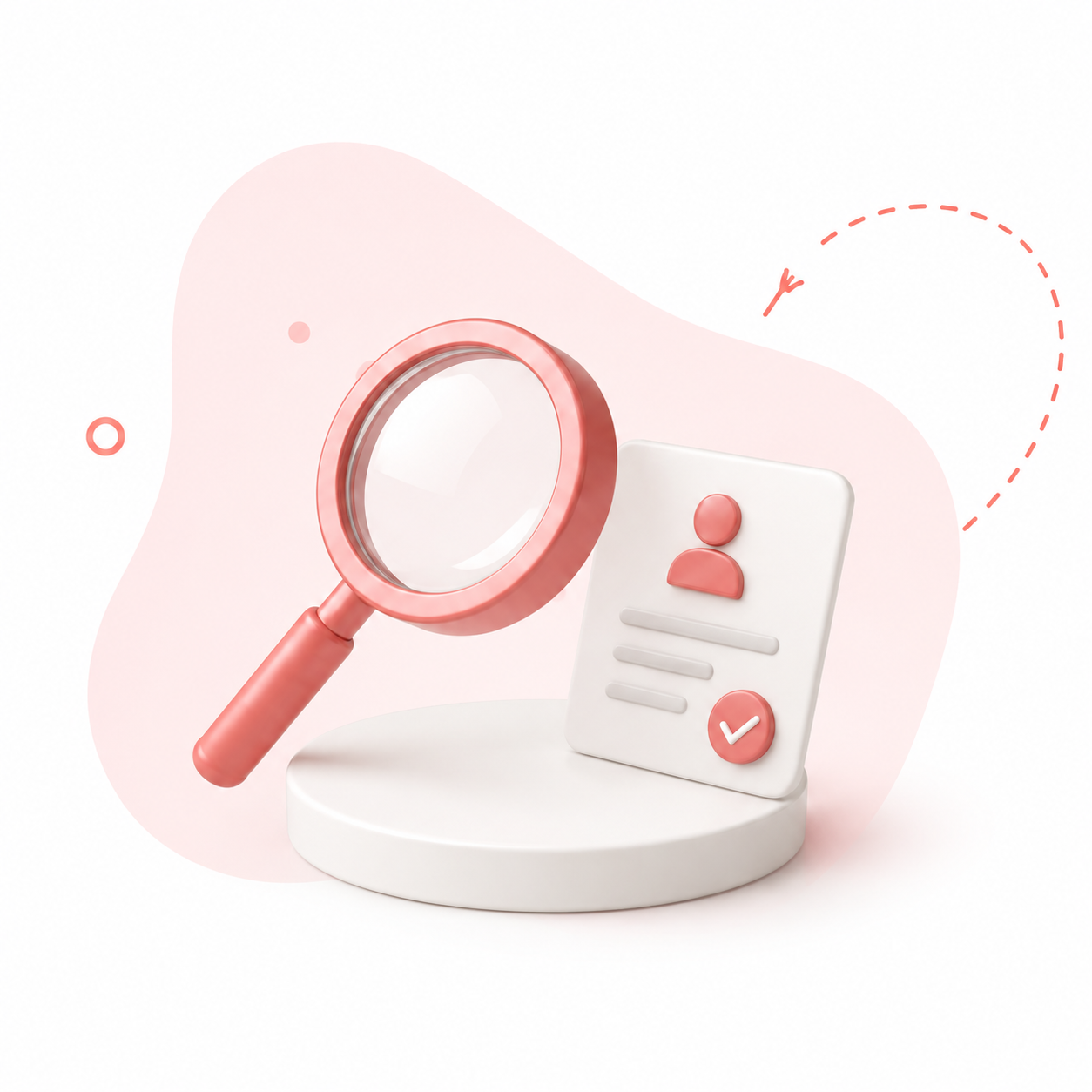 Illustration 3D : loupe rose et document avec profil utilisateur et checkmark, symbolisant la sélection et vérification de prestataires pour services à domicile.