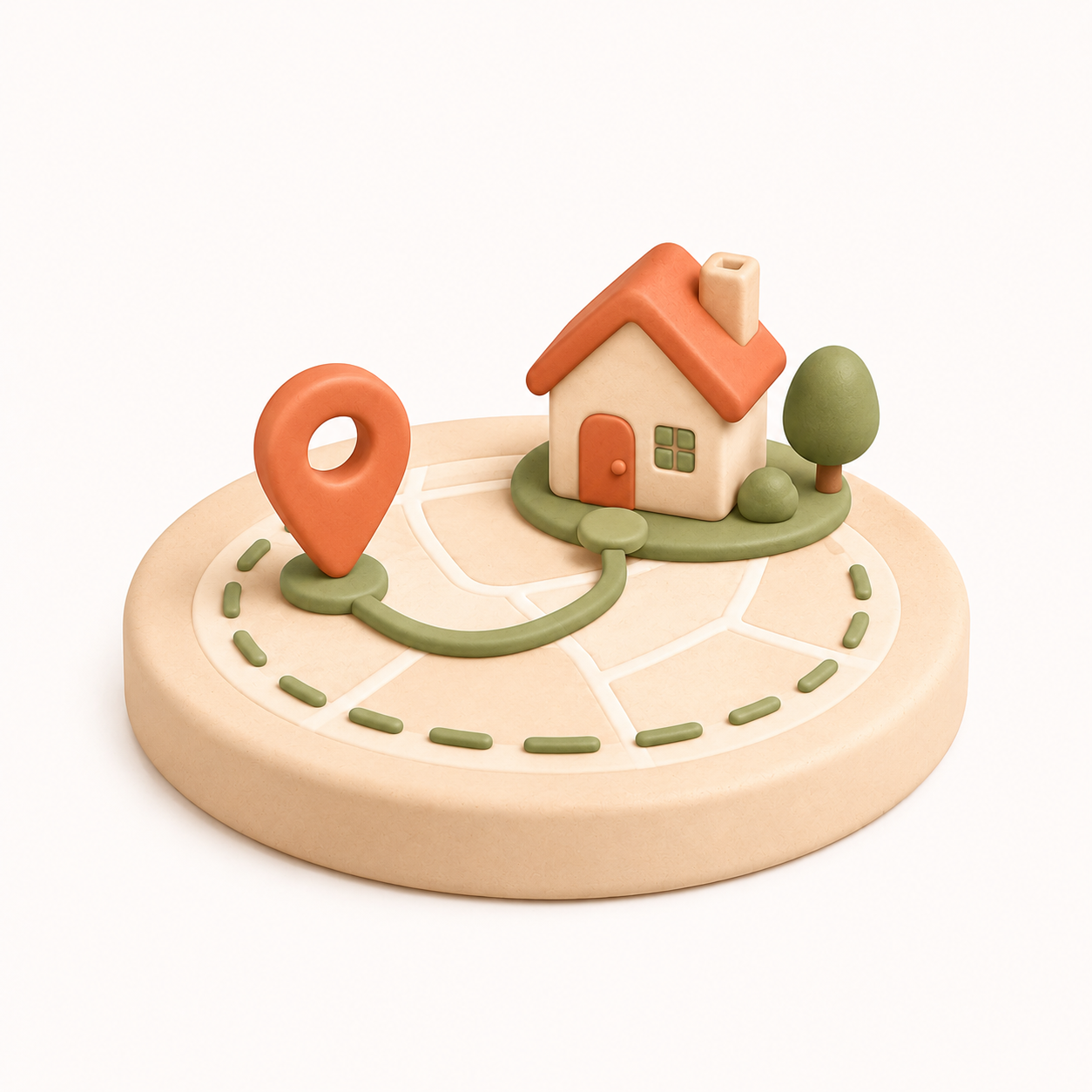 Illustration 3D : maison avec toit orange sur une carte, localisation GPS, arbres et chemin. Services à domicile.