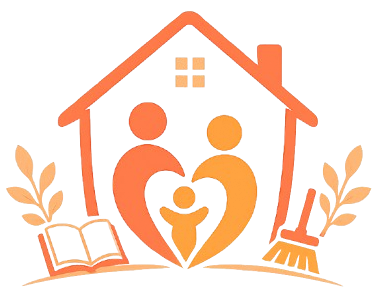 logo monpetitpersonnel Illustration 3D d'une maison avec une famille au cœur, entourée de livres et d'outils de ménage, symbolisant les services d'aide à domicile de Mon Petit Personnel.